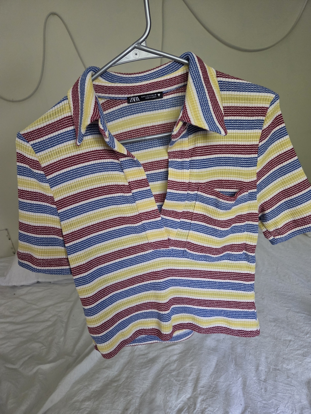 Zara Short-Sleeve Striped Polo Top - Yellow, Blue, Red